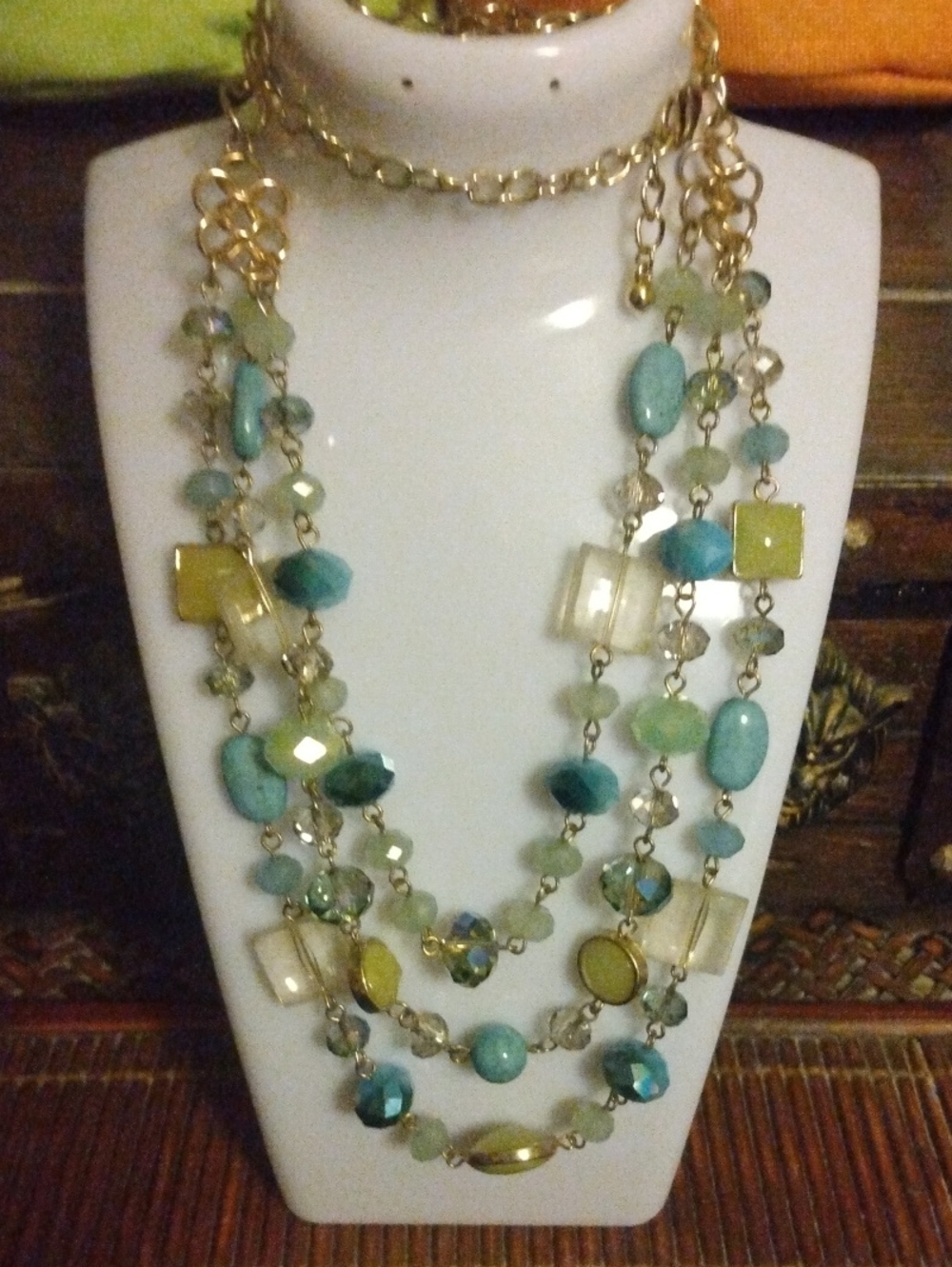 Layered Beaded Statement Necklace in Green & Gold